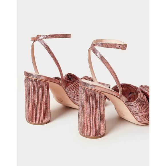 NEW LOEFFLER RANDALL women's camellia pleated bow heel sandal in metallic rose - Picture 3 of 5